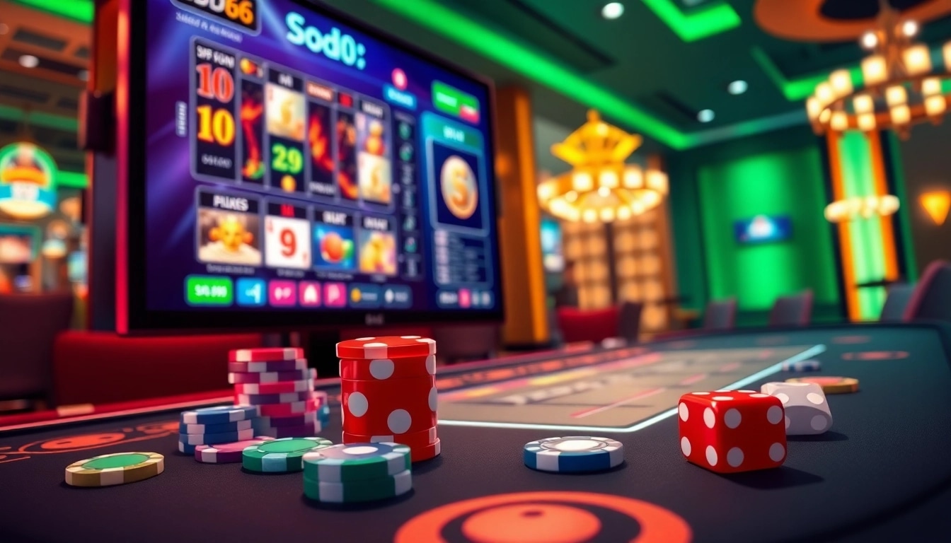 SODO66 players engaging in thrilling online gambling with vibrant poker chips and dice.