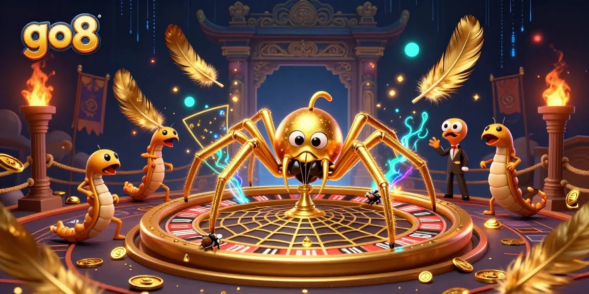 Go8 casino scene featuring a golden spider, roulette wheel, and a centipede croupier.