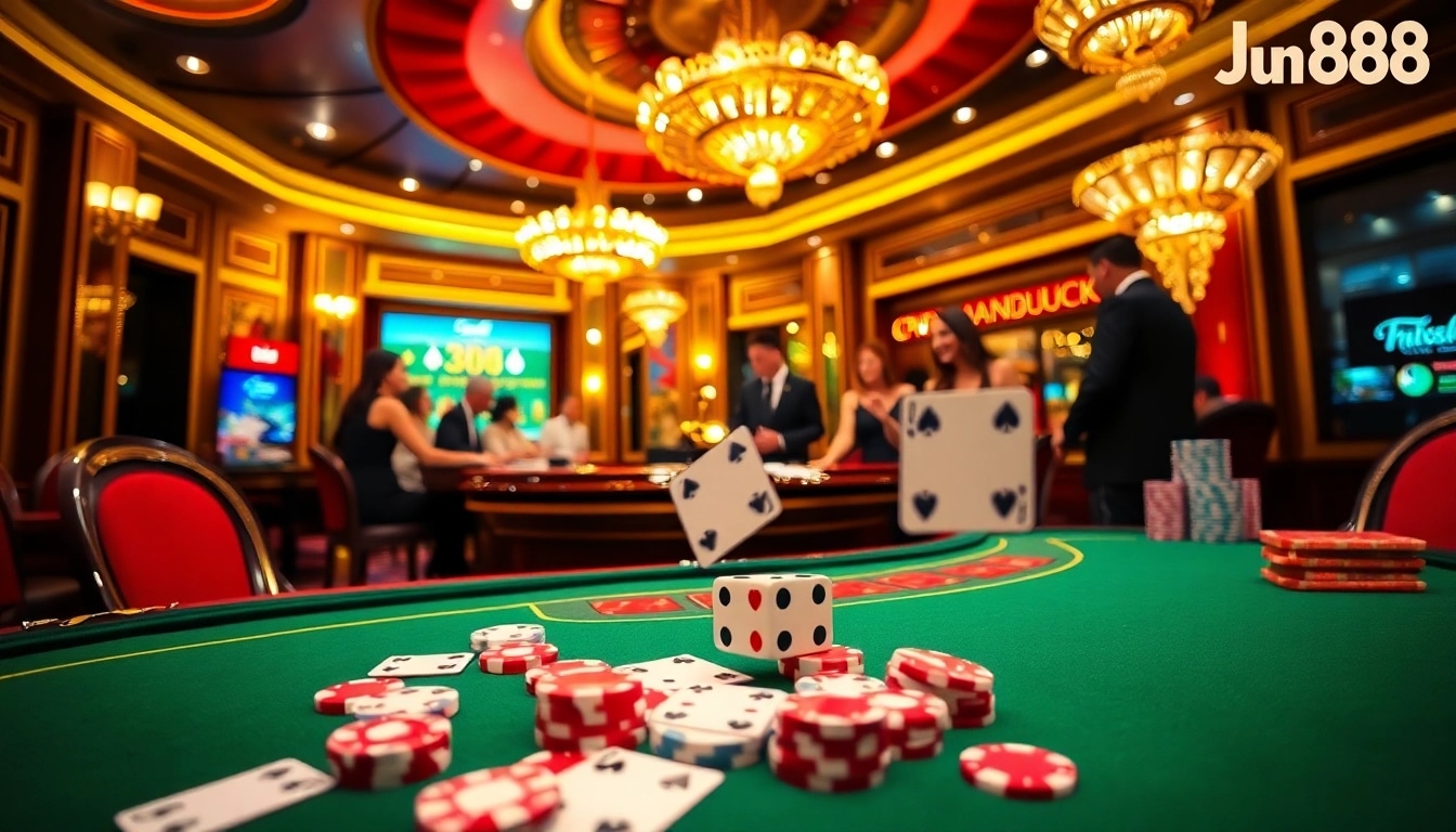 Jun88 players enjoying thrilling games at a luxury casino table.
