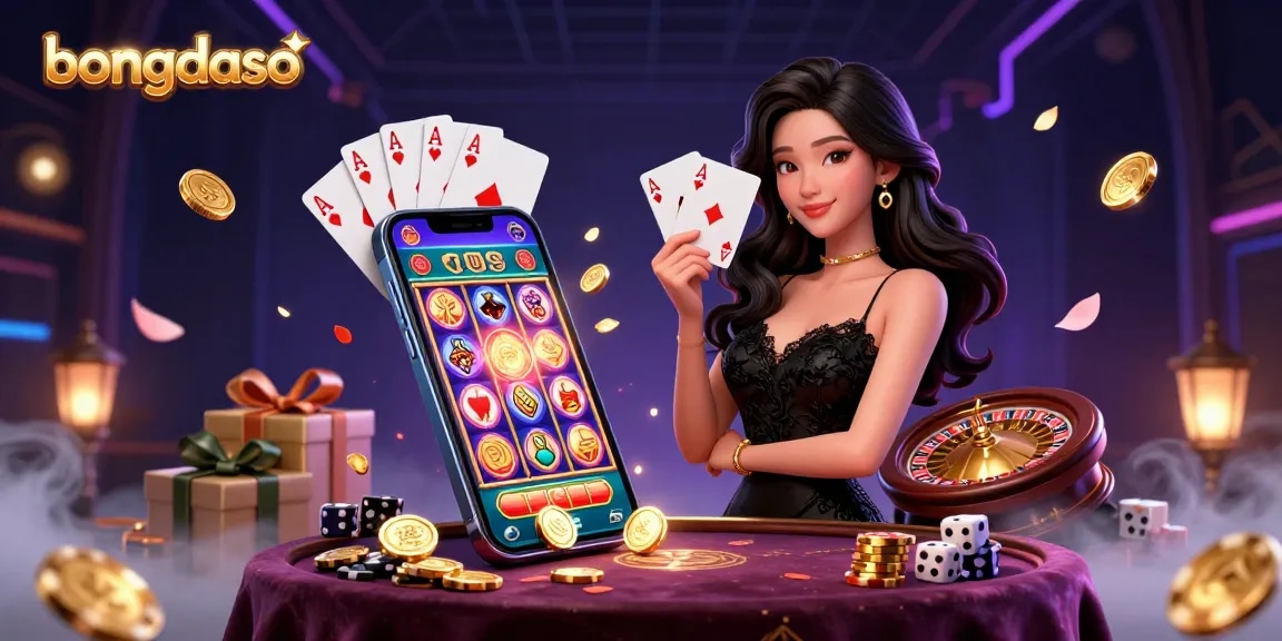 Bongdaso showcases a stunning scene of an elegant Asian woman holding playing cards, set in a vibrant casino atmosphere, emphasizing gambling excitement.