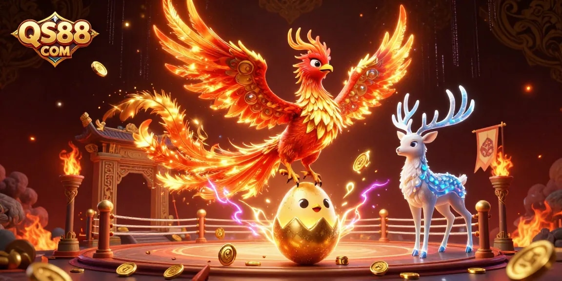 Engage with QS88 COM for thrilling gaming action featuring phoenix and stag in a lively casino setting.