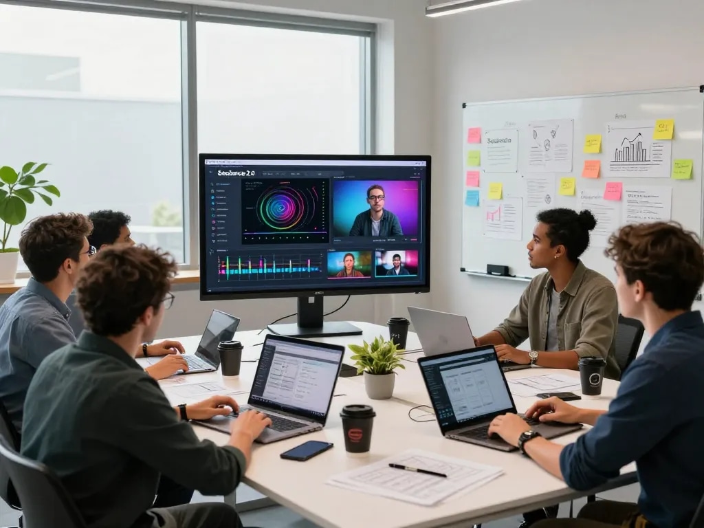 Team collaborating on Seedance 2.0 AI video production in modern office