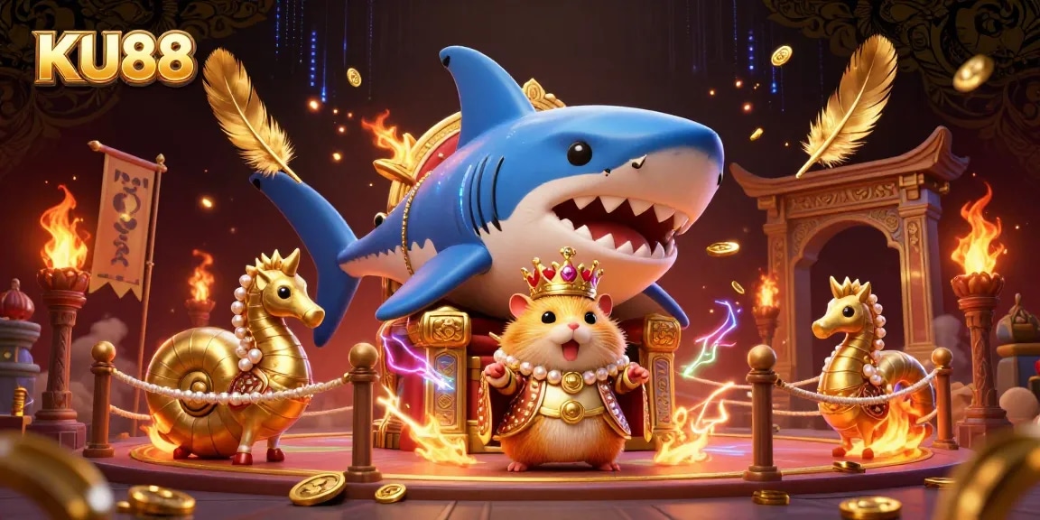 Spin into excitement at KU88's vibrant and dynamic casino scene, with a golden hamster king atop a megalodon throne.