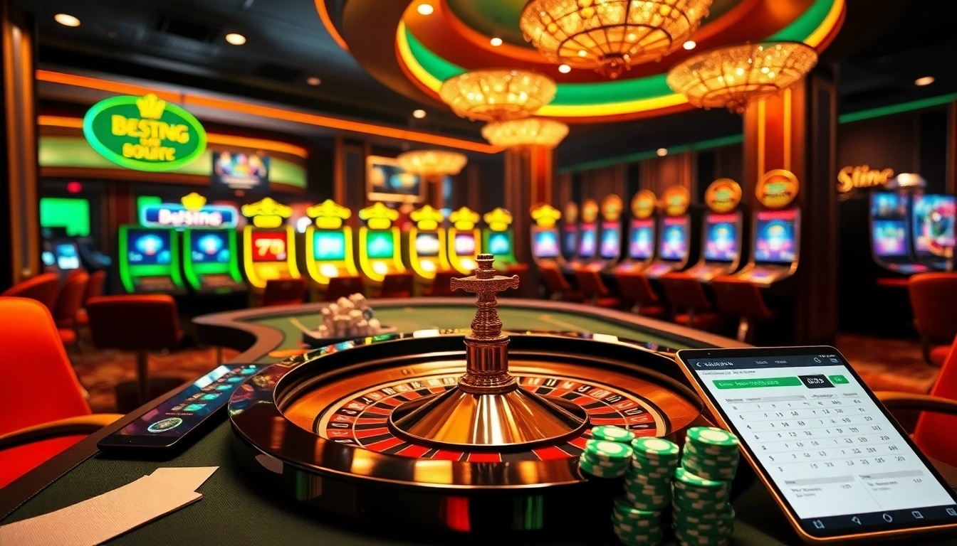 Engaging scene of online gambling featuring bsport with professional dealers and luxurious gaming tables.