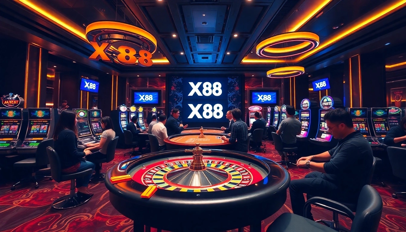 Play exciting games at the XX88 casino with vibrant chips and roulette wheel.