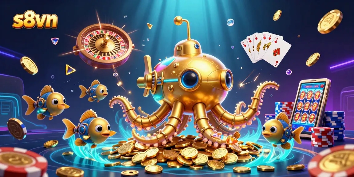 s8vn offers thrilling wins of golden coins, showcasing vibrant casino elements in a captivating underwater scene.