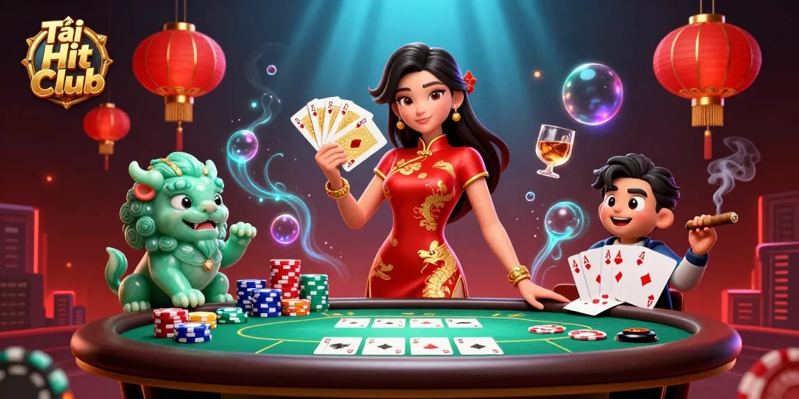 Tải Hit Club and win with a vibrant casino scene featuring poker elements and a crimson qipao heroine.