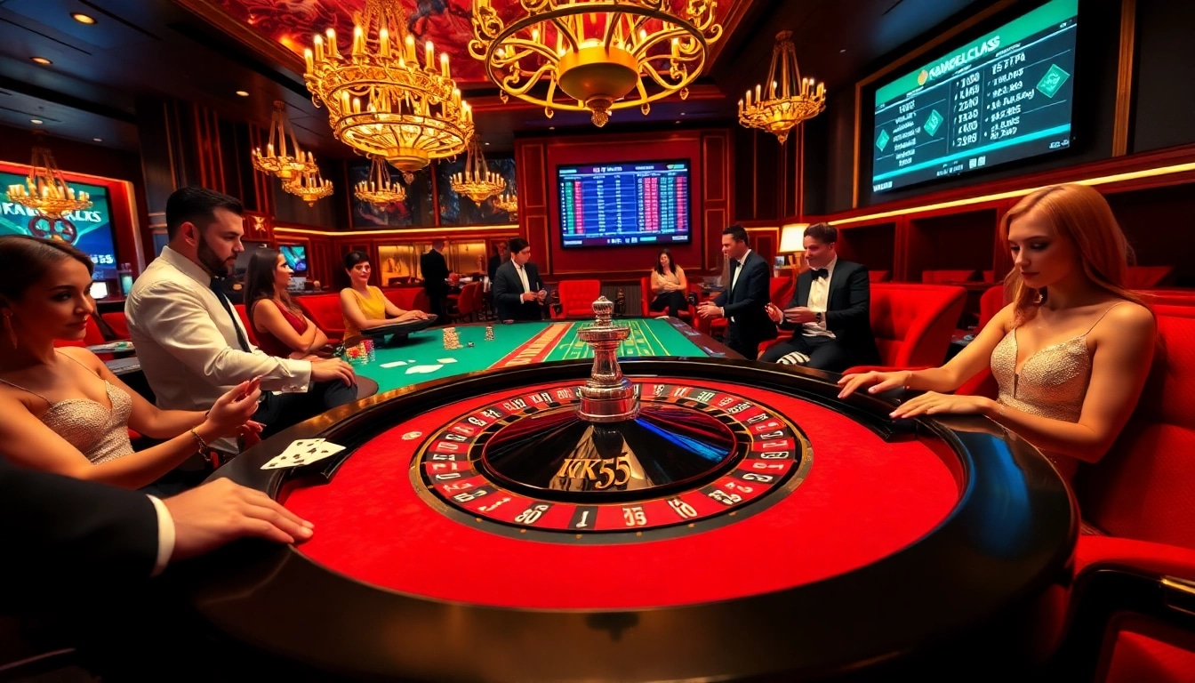 KK55 roulette table where players engage in high-stakes betting in a luxurious casino atmosphere.
