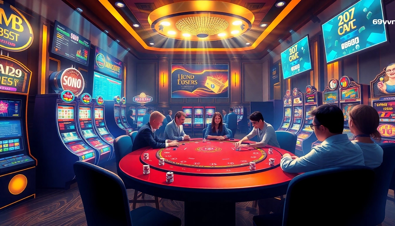 House of excitement at Nhà cái 69VN featuring players at a vibrant poker table and dazzling slot machines.