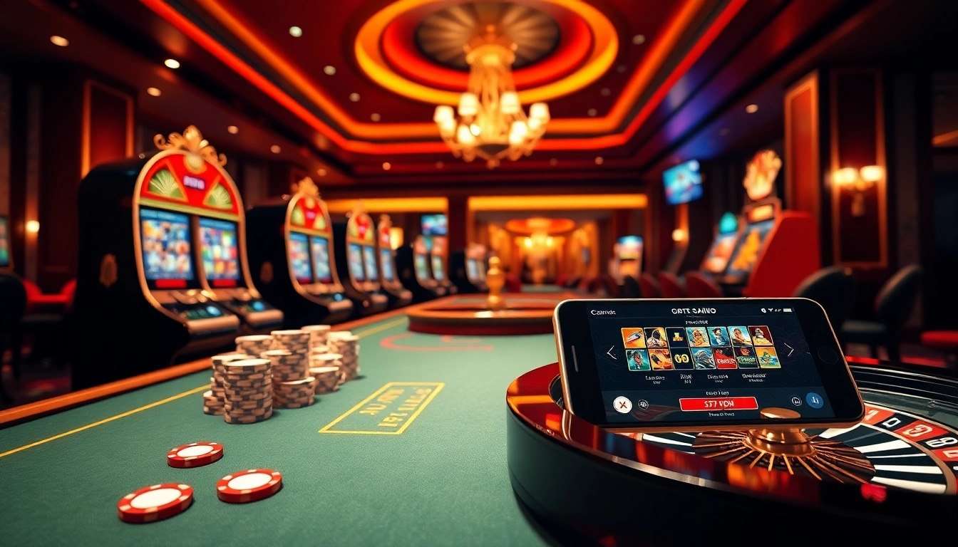Play real money casino games online with engaging visuals of luxury casino tables and vibrant slot machines.