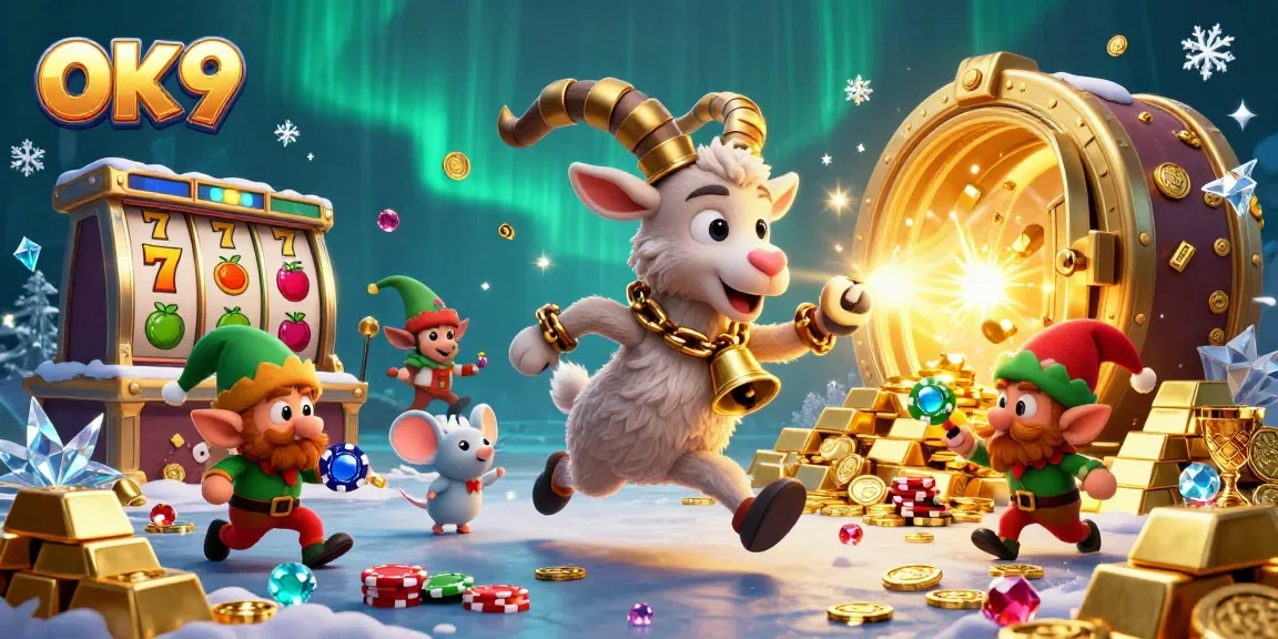 Engage with OK 9 in a festive casino with thrilling gameplay and characters, capturing the excitement of wins.