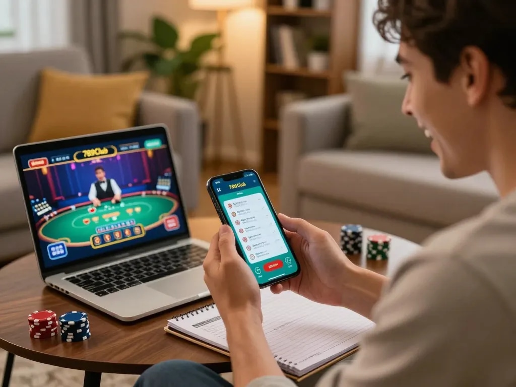 Engaged player using the 789Club app for online betting in a cozy home setting