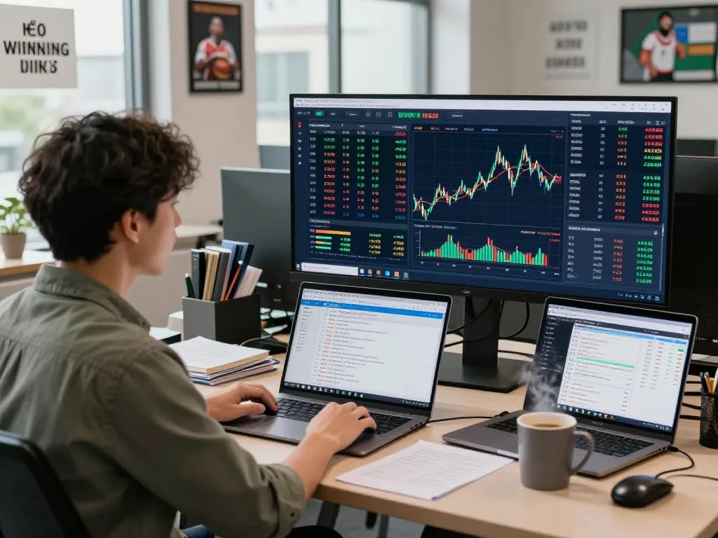 Real-time kèo nhà cái analysis with a sports betting analyst focused on dynamic data in a modern office setting.
