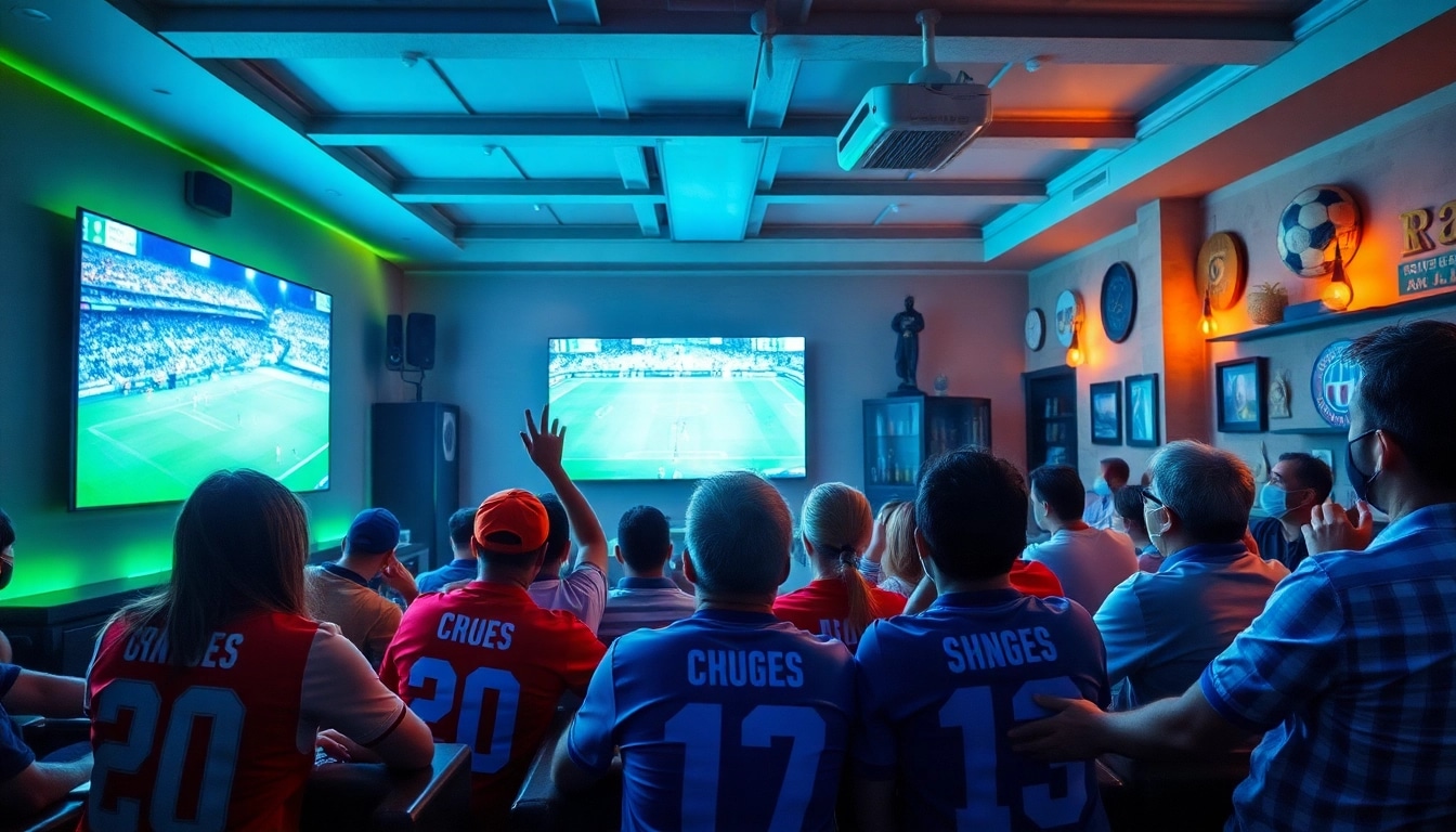 Exciting football fans enjoy live streaming on lương sơn tv in a vibrant lounge.