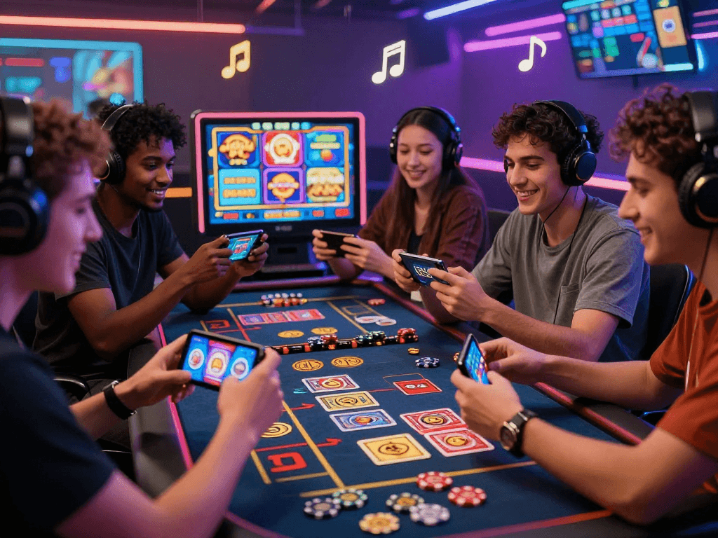 Friends enjoying a crypto casino game night with vibrant digital graphics and excitement