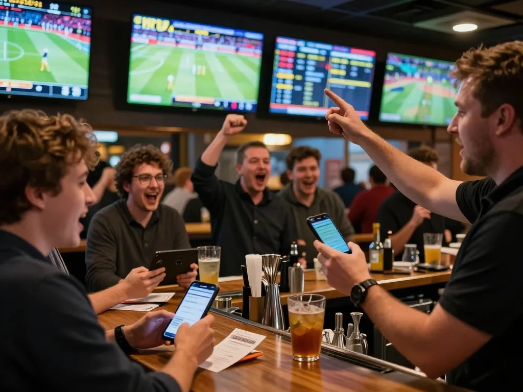 Sports fans engaging in bets at Good88 sports betting venue, showcasing lively camaraderie and excitement.