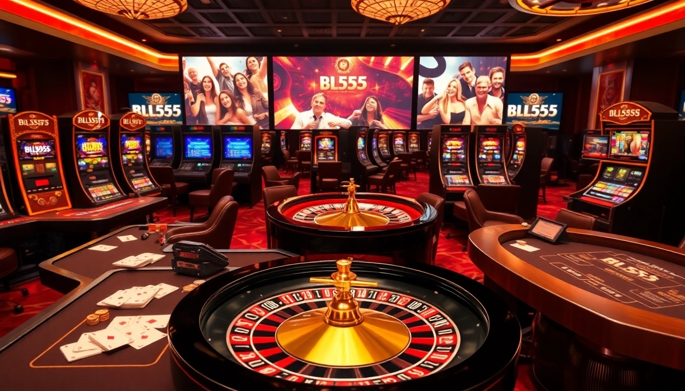 Players engage with thrilling casino games at BL555, showcasing vibrant slots and elegant tables.