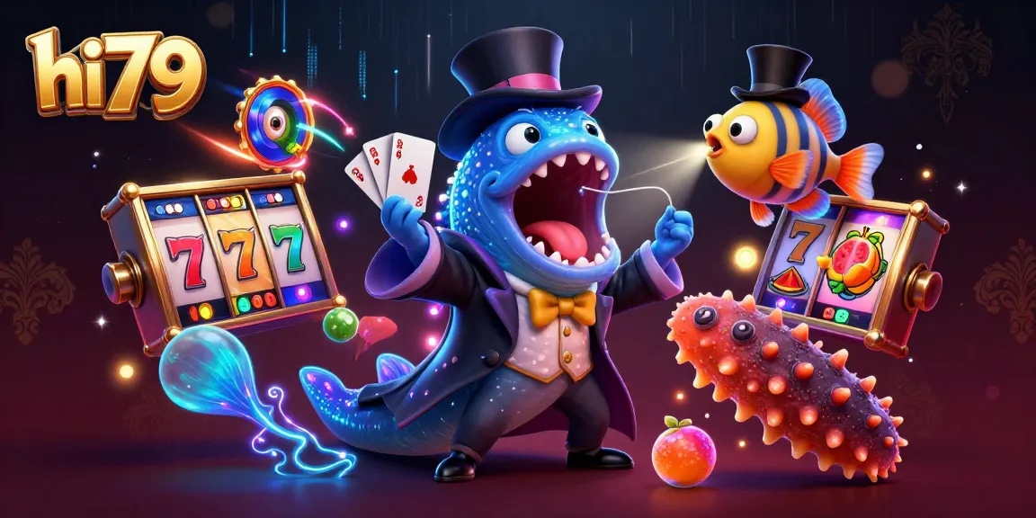 hi79 showcases a vibrant casino scene with deep-sea creatures engaging in thrilling card tricks amidst slot machines.