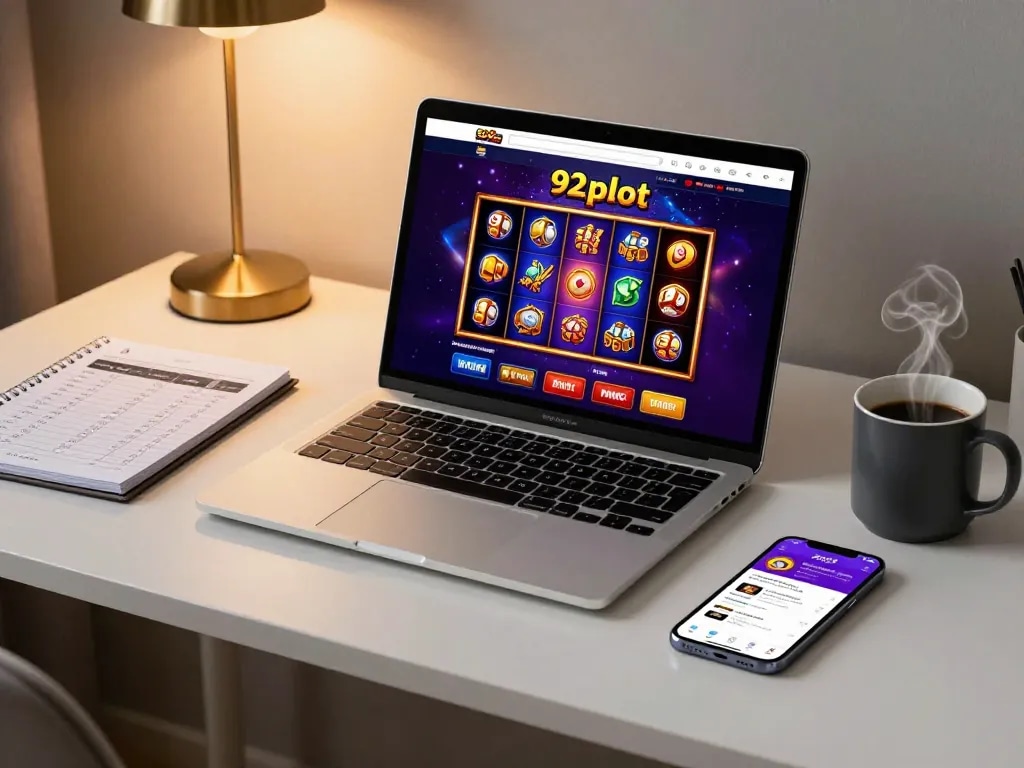 Engaged player enjoying vibrant slot games on 92slot at home, showcasing strategic gaming setup.