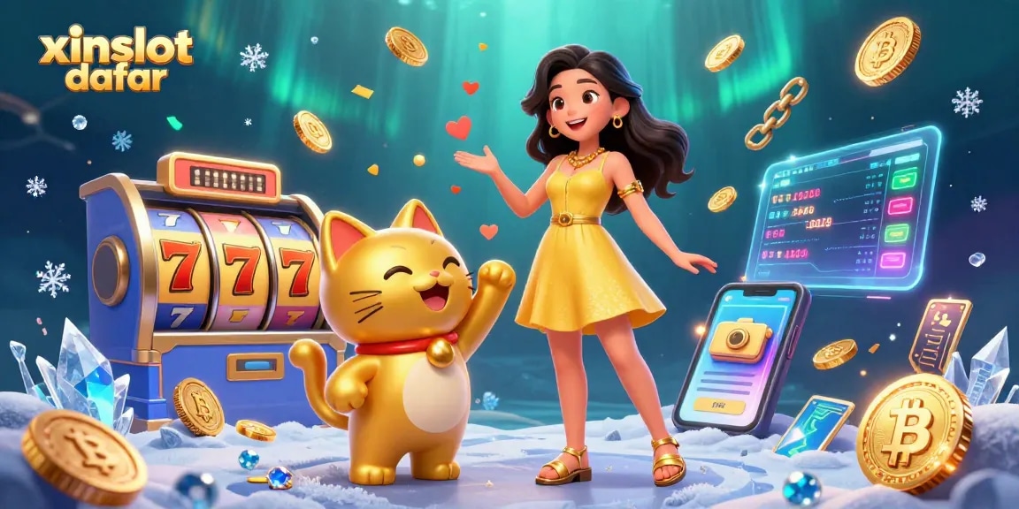 Engage with xinslot daftar in this vibrant casino scene featuring slot reels, lucky cat, and glowing coins.