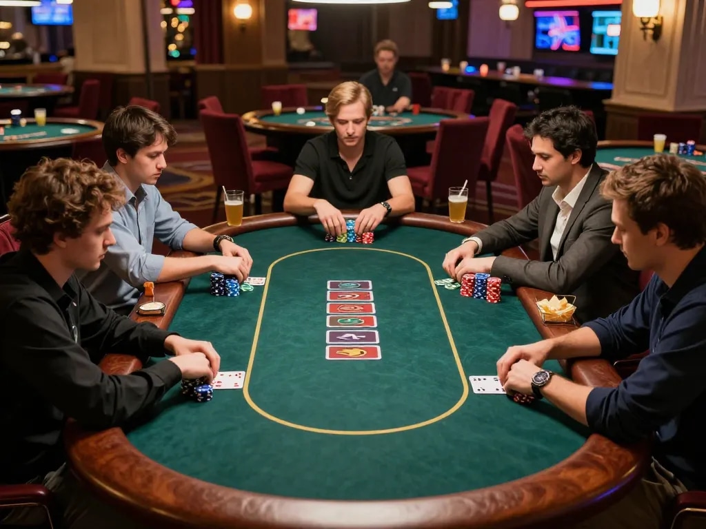 river4 players engaging in strategic poker gameplay at upscale casino table with vibrant chips