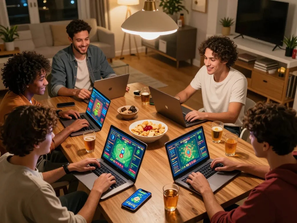 Lô Đề Uy Tín gaming scene with friends playing online in a cozy living room setting.