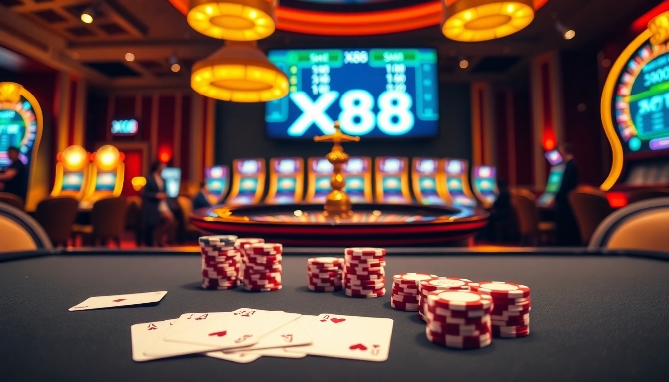 Experience thrilling gambling action at XX88 with vibrant poker chips and roulette excitement.