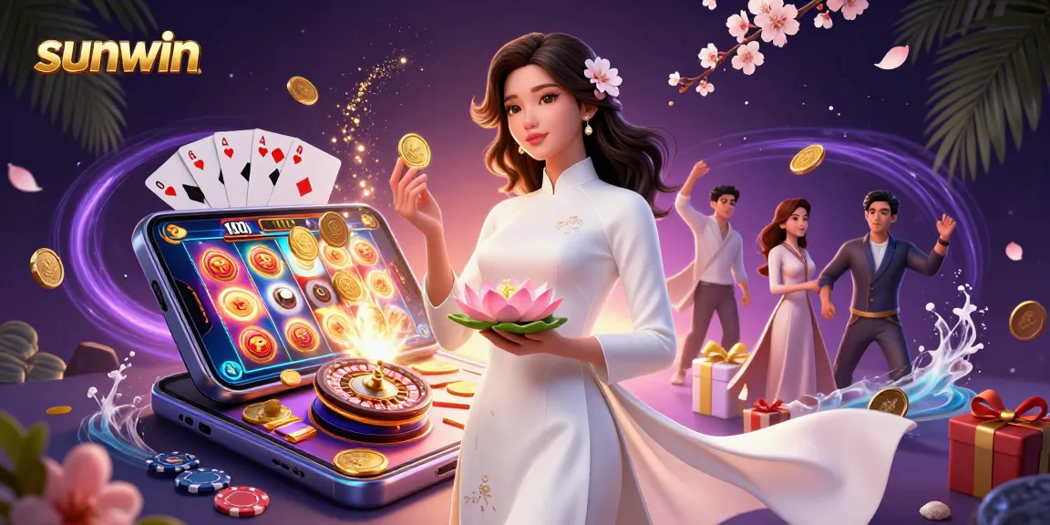 Spin reels and win with sunwin's vibrant casino scene featuring an elegant woman and dynamic game elements.