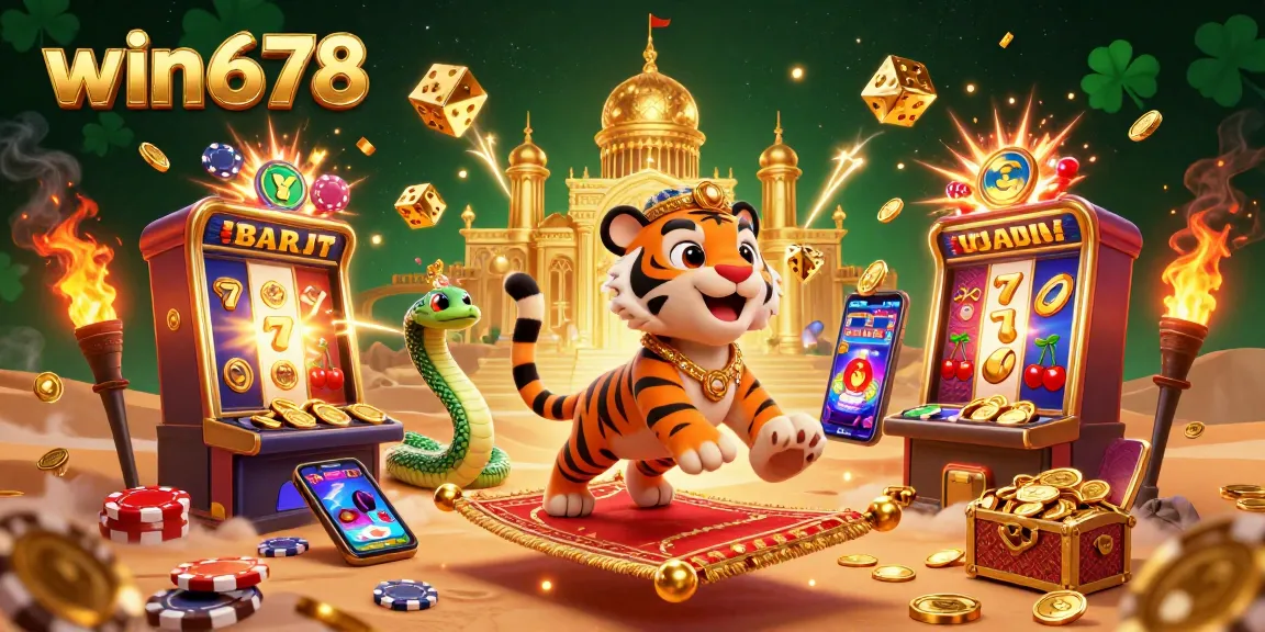 Spin the reels with win678's vibrant casino scene featuring jackpot explosions and golden treasures.