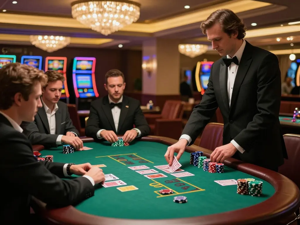 Intense game of blackjack at an upscale casino table showcasing sunwin strategies and player engagement.