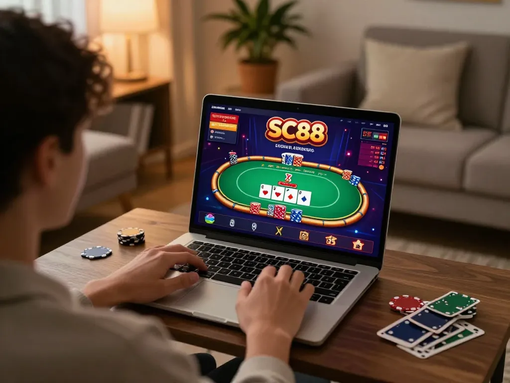 Player enjoying an online game on SC88’s casino app, immersed in a poker strategy session.