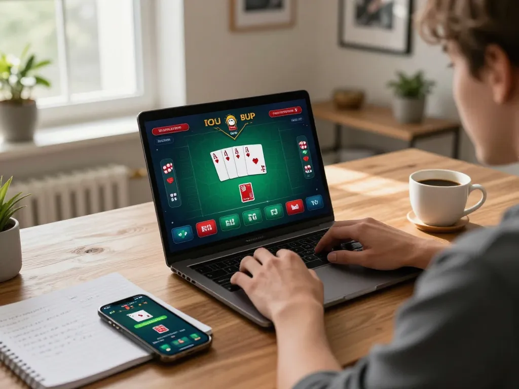 Engaged player strategizing in a vibrant online poker game with 789 win during a cozy home setup