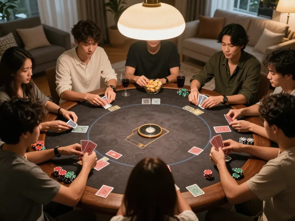 33WIN players engaging in a lively poker game at home, showcasing dynamic gameplay and social interaction.
