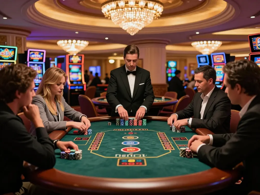 Players engaged at a blackjack table in a luxurious casino environment, showcasing the excitement of tt88.com