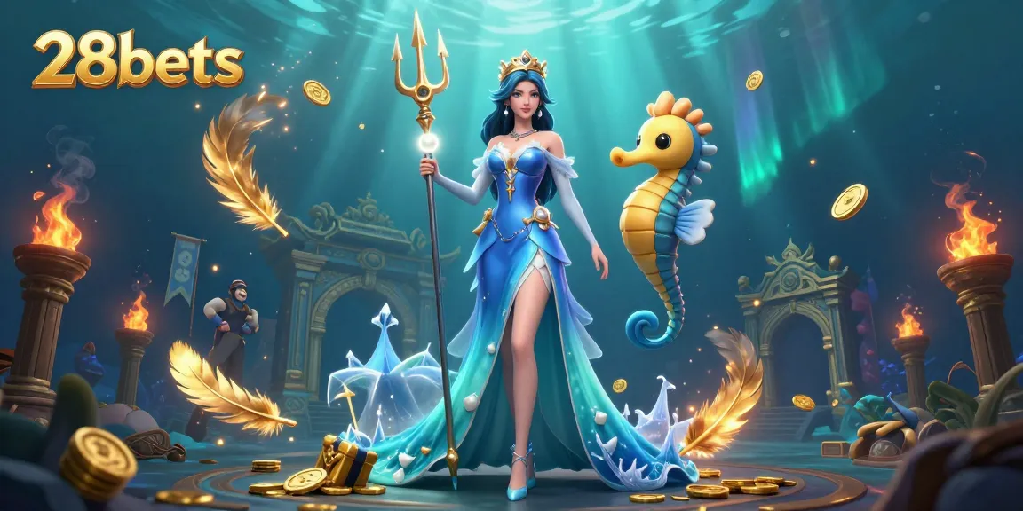 Engage with 28bets featuring vibrant underwater scene with gaming treasures and fantasy elements.