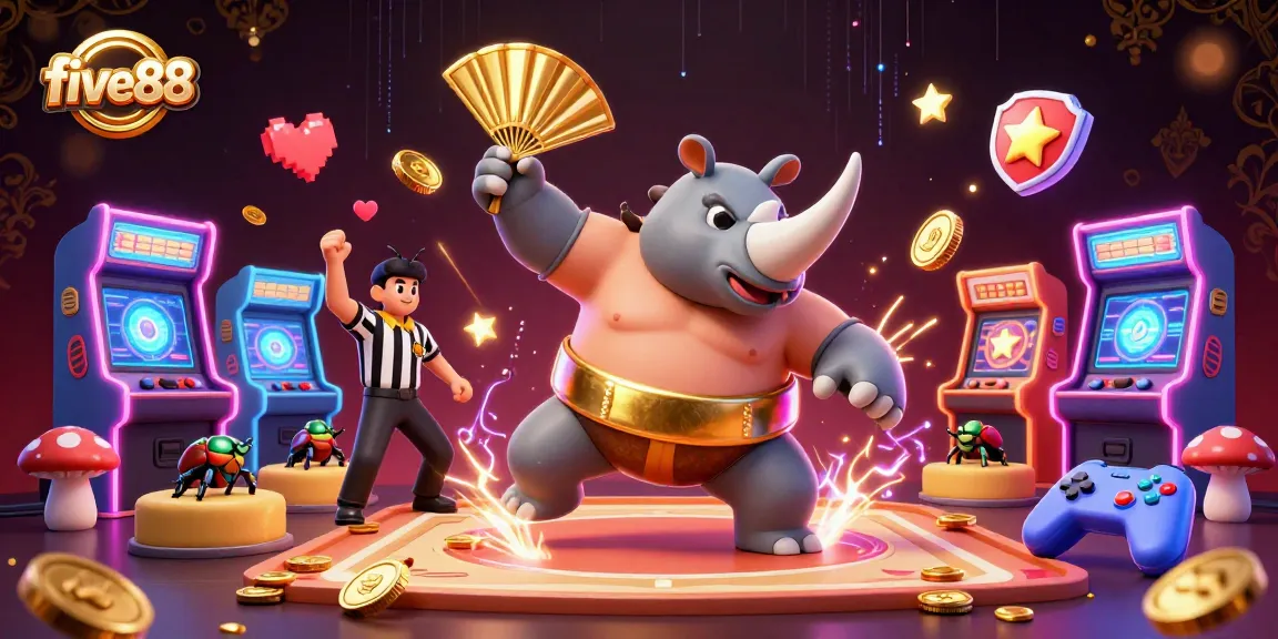 Experience the excitement at five88 with a dynamic 3D illustration of a beetle sumo champion and casino-themed elements.