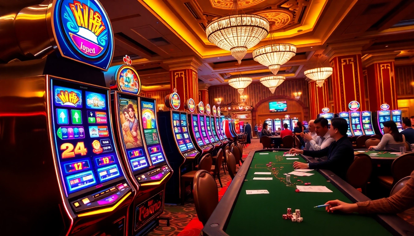 Experience the excitement of nổ hũ at vibrant slot machines in a luxurious casino environment.