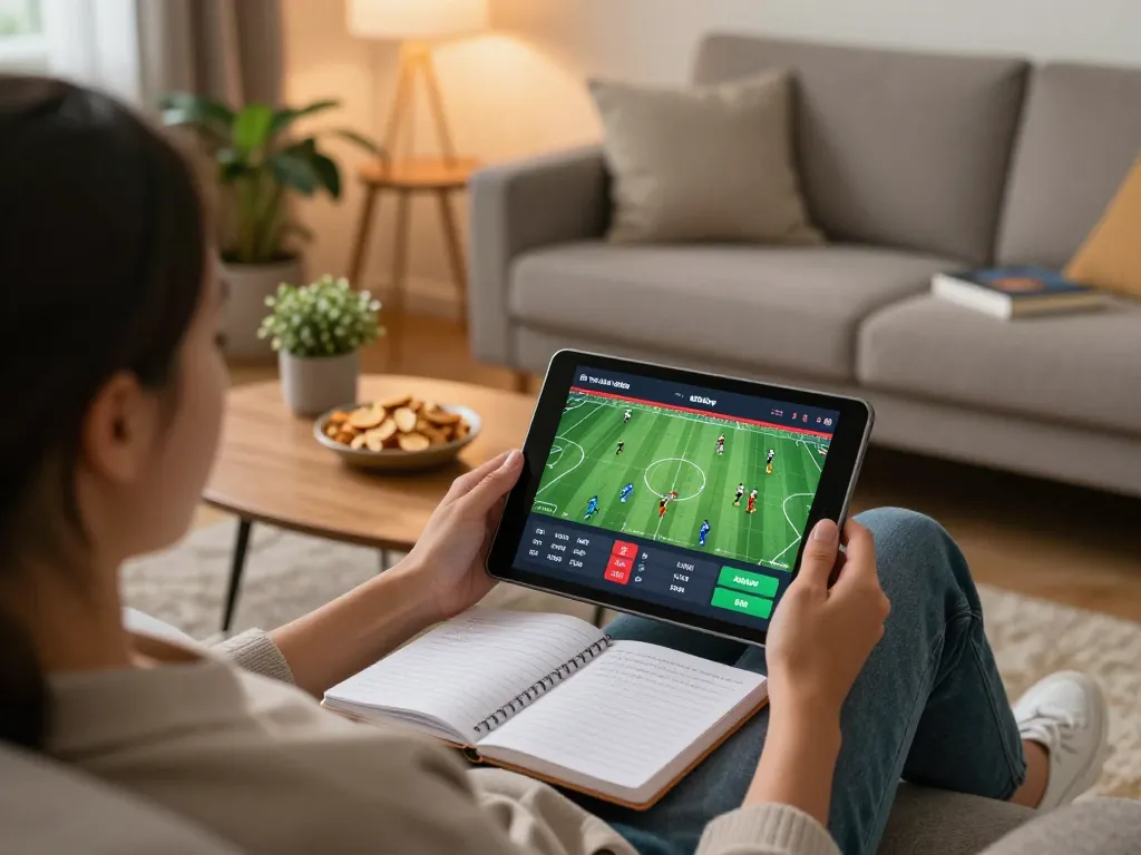Soi kèo nhà cái with a person engaged in online sports betting using a tablet, creating a strategic atmosphere.