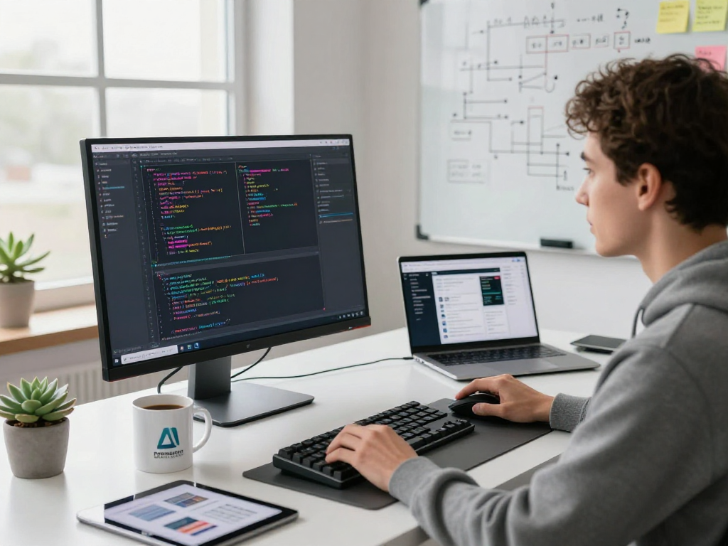 Coding workspace with software developer, showcasing AI +18 innovations and vibrant tech elements