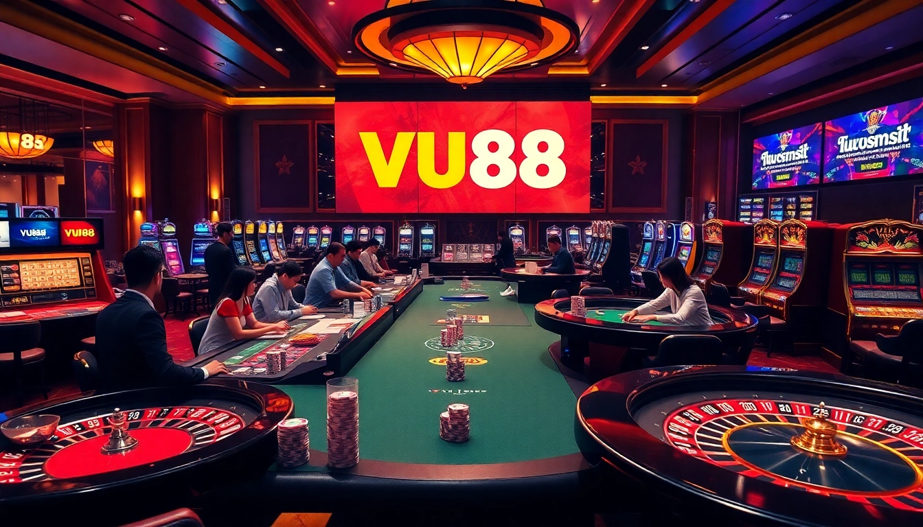 Experience thrilling online gambling action at https://vu88.art/ with vibrant casino tables and enthusiastic players.