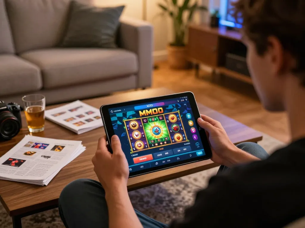Player engaging with MMOO app on tablet at home, showcasing online casino gameplay.