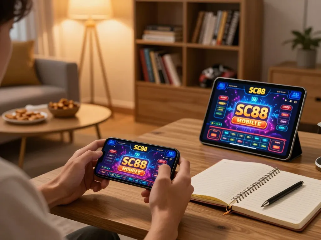User playing SC88 mobile app for online gaming in a cozy living room setting
