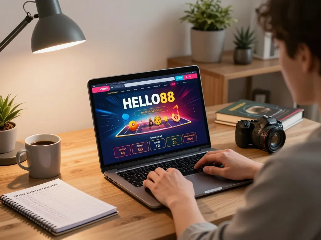 Engaging with HELLO88 for online gambling from a stylish home office setup