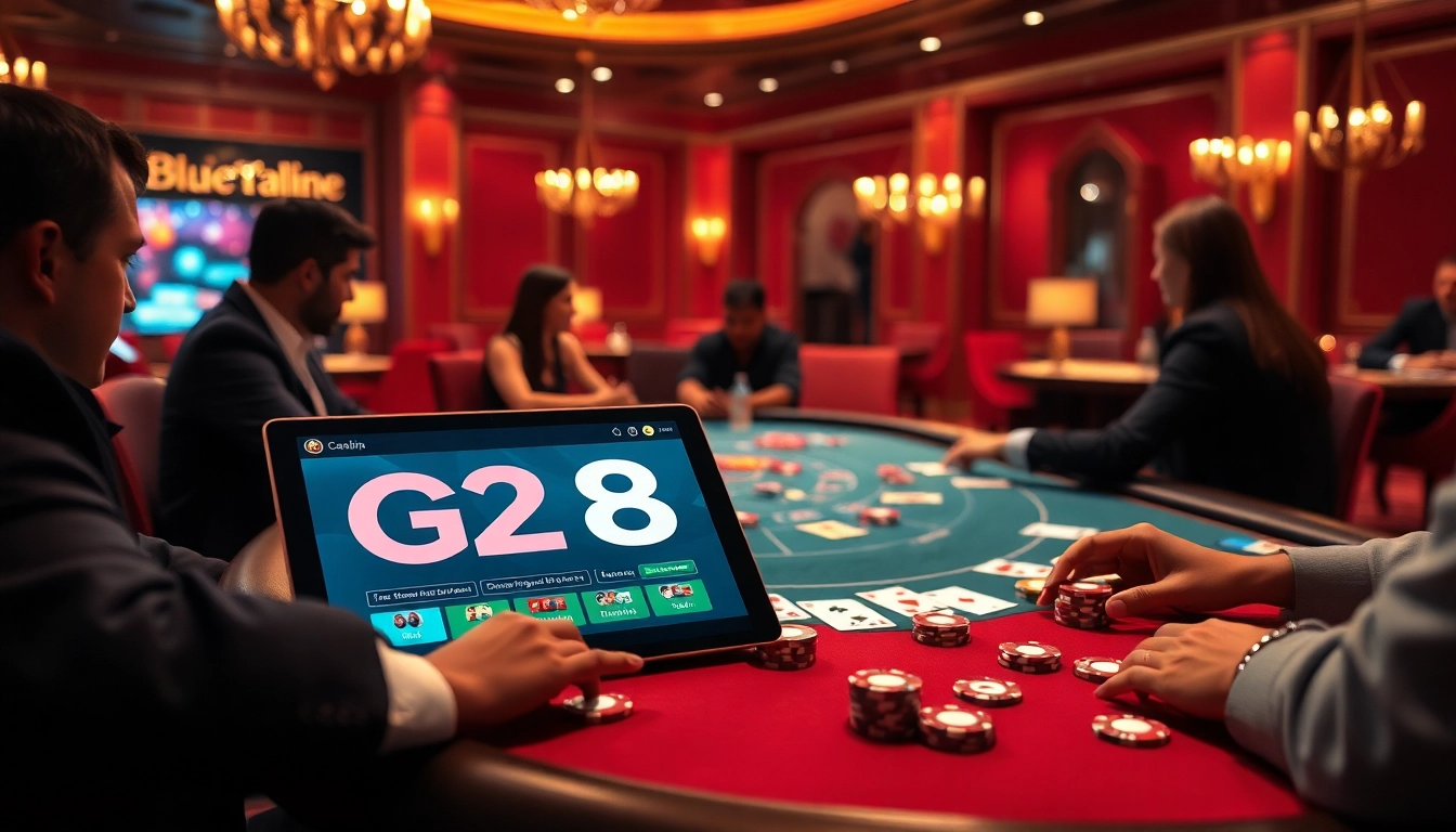 Experience excitement at https://g28.wtf/ gaming table with poker chips and engaged players.