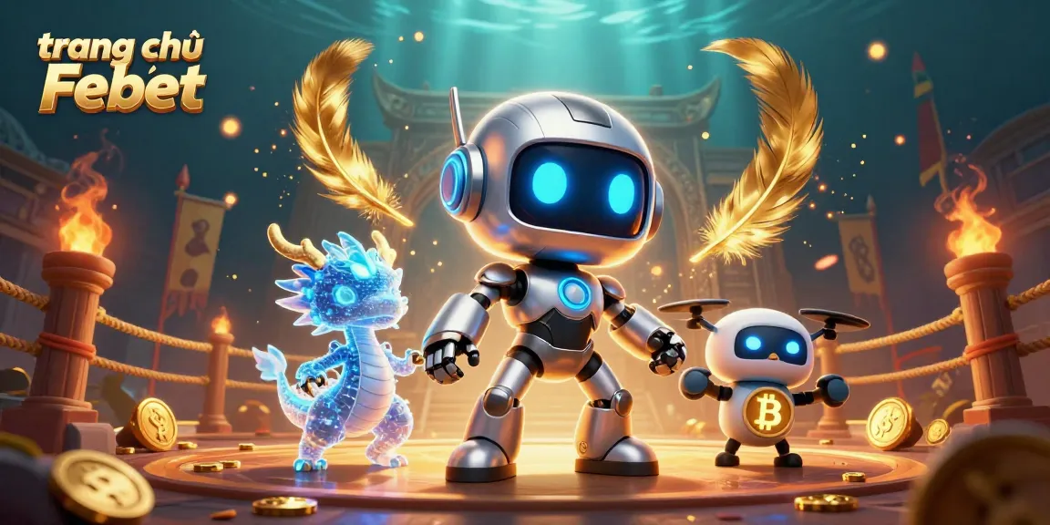 Engage with the dynamic world of trang chủ Febet, showcasing a futuristic robot and digital companions in a vibrant casino setting.