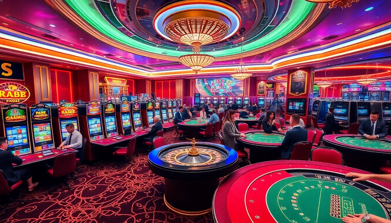 Engaged gamblers enjoying the thrilling experience at RR88 casino with vibrant slot machines and roulette.