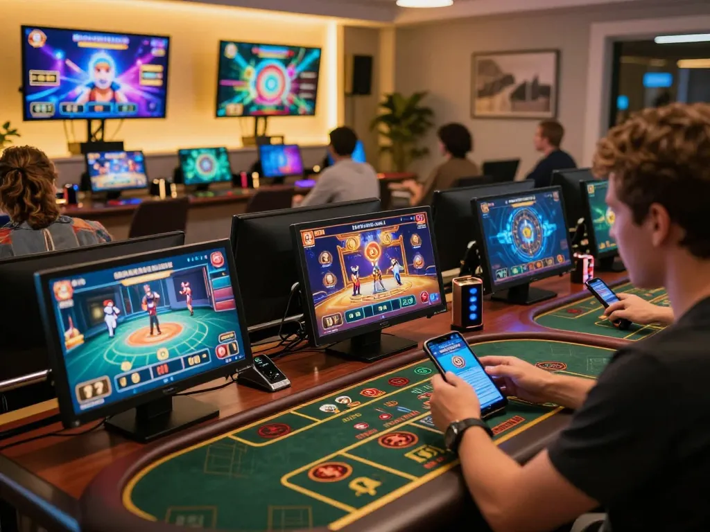Player engaged in online Game bài đổi thưởng strategy session using multiple devices, showcasing modern gaming setup.