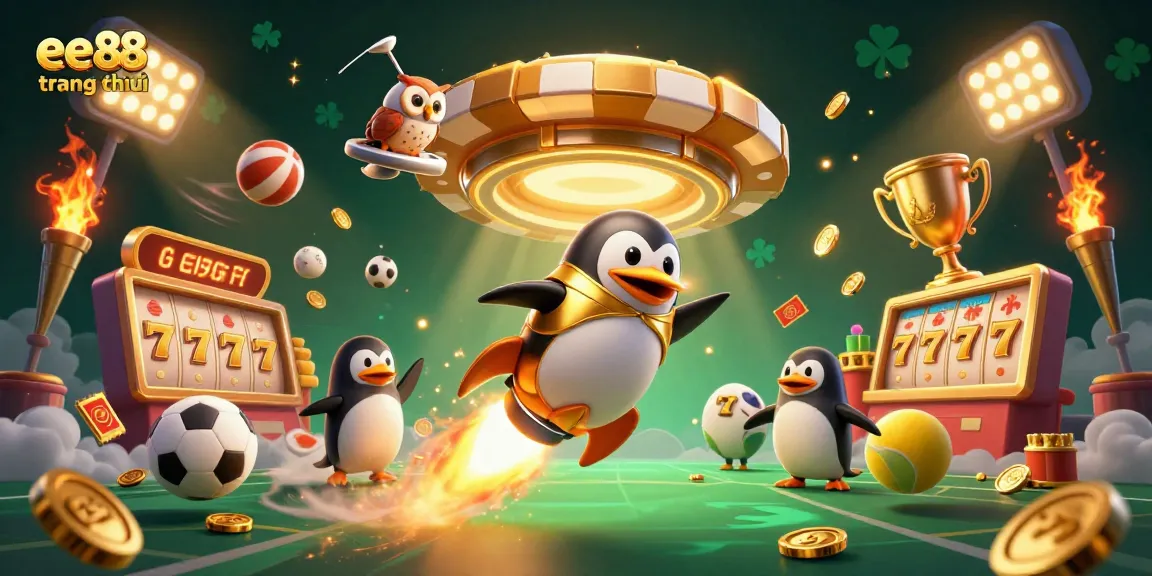 Engage in thrilling games at ee88 trang chủ, showcasing a cartoon penguin and exciting casino elements.