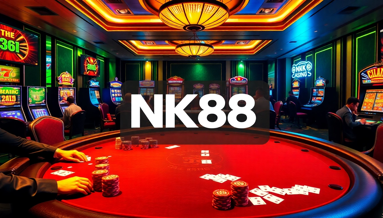 Engaging scene showcasing online gambling with NK88.horse logo, vibrant poker gameplay, and luxurious casino elements.