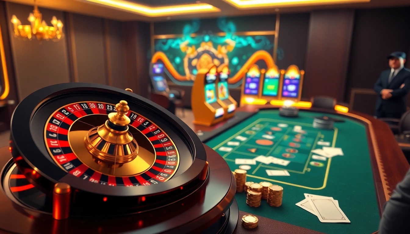 Experience the excitement of Fun88 with vibrant slot machines and a digital roulette wheel.